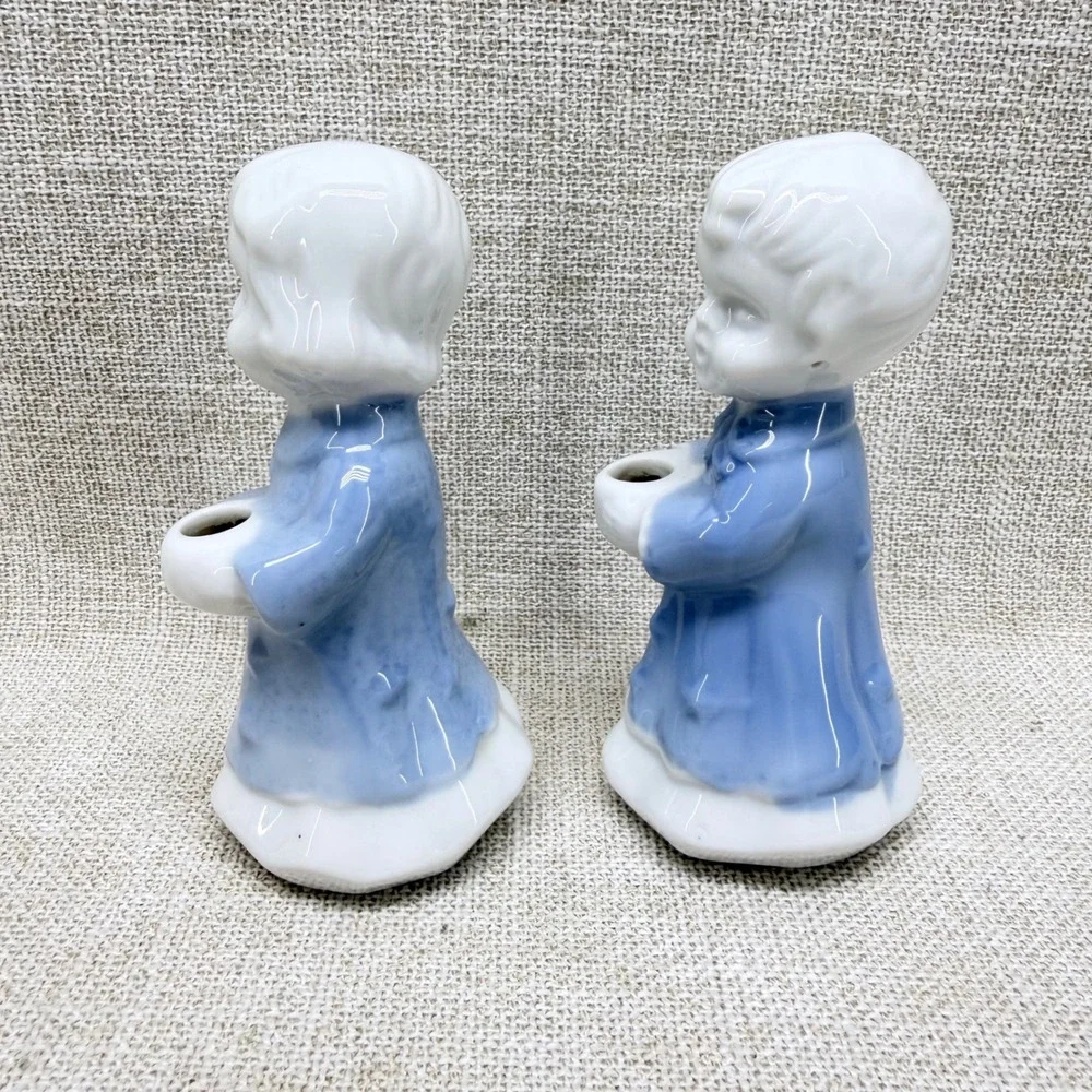 Vintage Blue White Ceramic Choir Boy Girl Figurines Candle Holder Set of 2